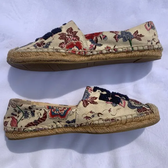 Tory Burch Elisa Logo Floral Espadrille Flats Cream Navy Beaded Size 6.5‎ US