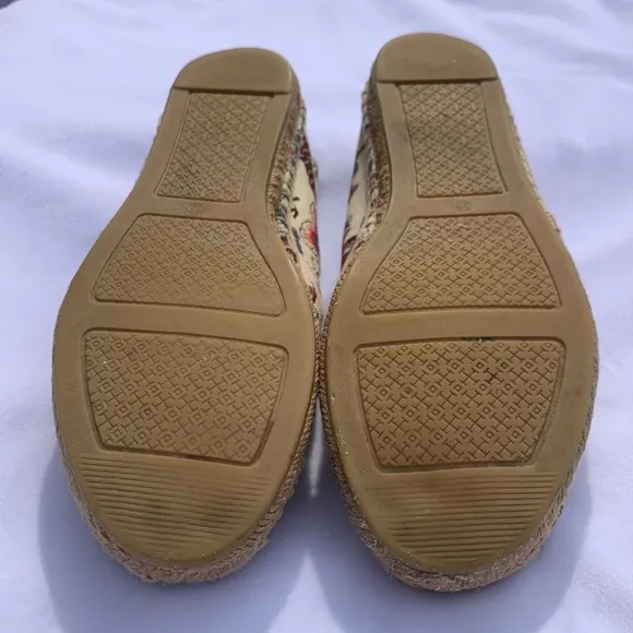 Tory Burch Elisa Logo Floral Espadrille Flats Cream Navy Beaded Size 6.5‎ US