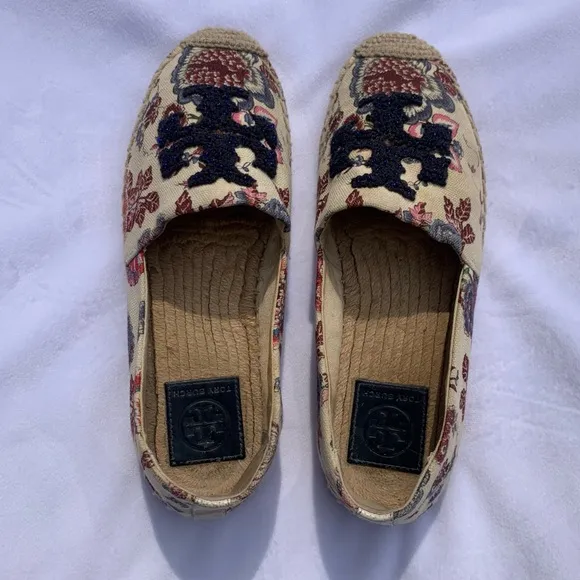 Tory Burch Elisa Logo Floral Espadrille Flats Cream Navy Beaded Size 6.5‎ US
