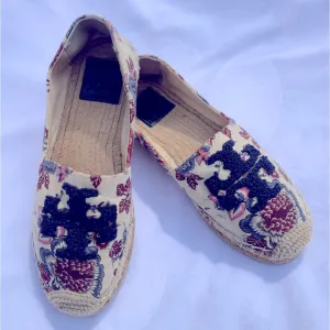 Tory Burch Elisa Logo Floral Espadrille Flats Cream Navy Beaded Size 6.5‎ US