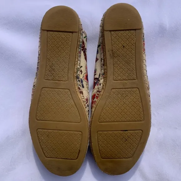 Tory Burch Elisa Logo Floral Espadrille Flats Cream Navy Beaded Size 6.5‎ US