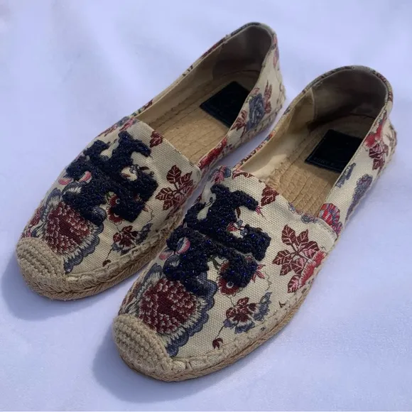 Tory Burch Elisa Logo Floral Espadrille Flats Cream Navy Beaded Size 6.5‎ US