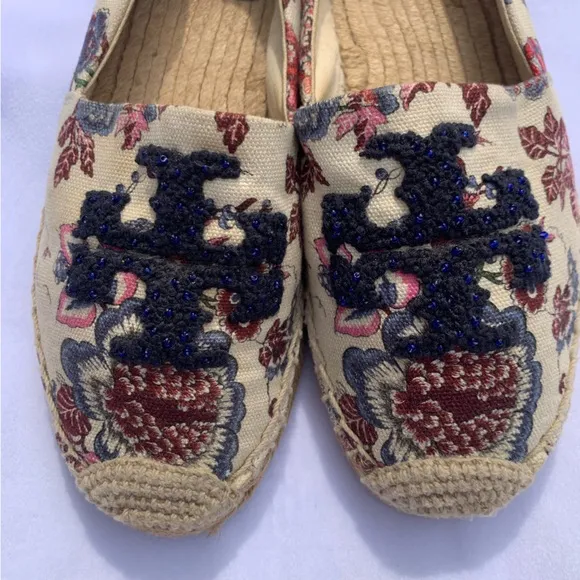 Tory Burch Elisa Logo Floral Espadrille Flats Cream Navy Beaded Size 6.5‎ US