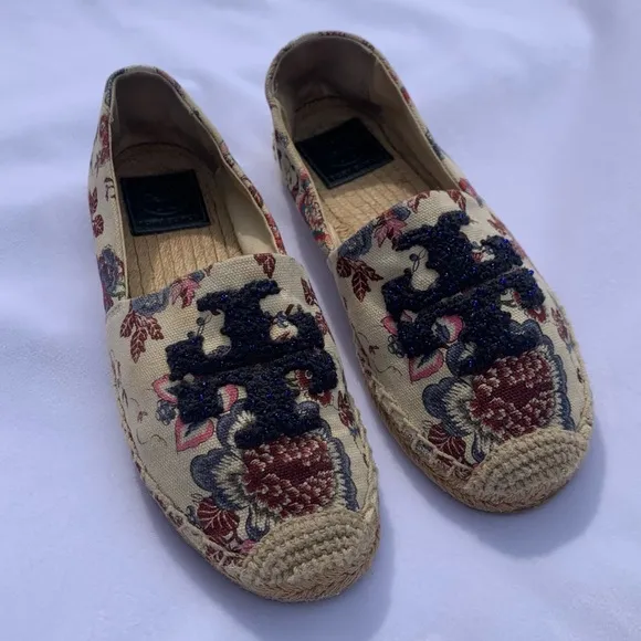 Tory Burch Elisa Logo Floral Espadrille Flats Cream Navy Beaded Size 6.5‎ US