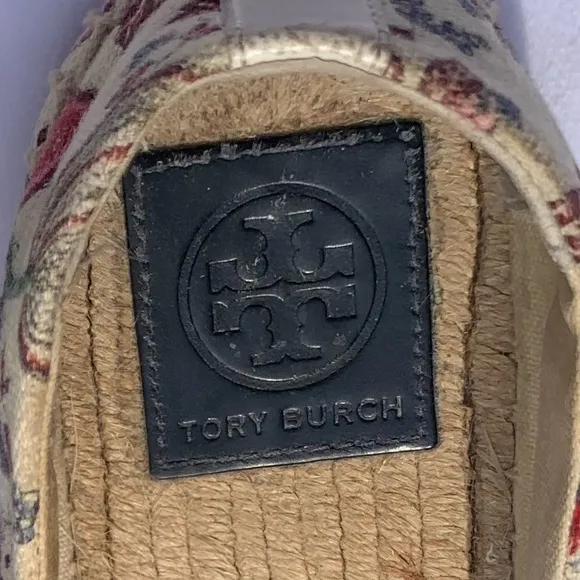 Tory Burch Elisa Logo Floral Espadrille Flats Cream Navy Beaded Size 6.5‎ US