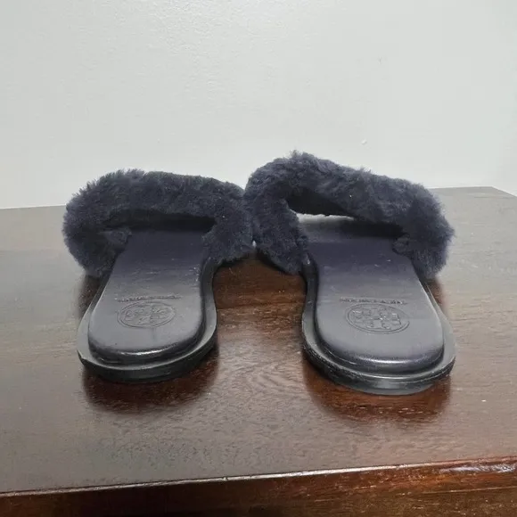 TORY BURCH EMBELLISHED GENUINE SHEARLING SLIDE SLIPPER BLACK SZ 6 NEW W/OUT BOX
