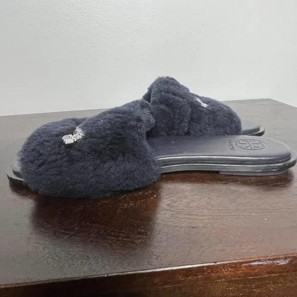TORY BURCH EMBELLISHED GENUINE SHEARLING SLIDE SLIPPER BLACK SZ 6 NEW W/OUT BOX
