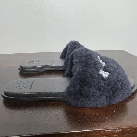 TORY BURCH EMBELLISHED GENUINE SHEARLING SLIDE SLIPPER BLACK SZ 6 NEW W/OUT BOX