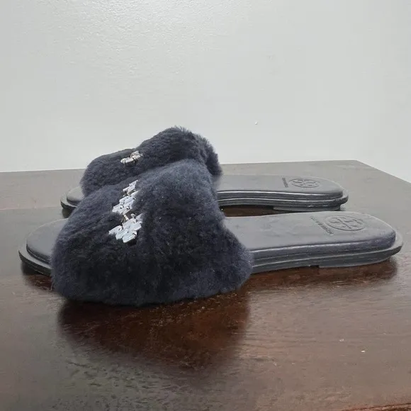 TORY BURCH EMBELLISHED GENUINE SHEARLING SLIDE SLIPPER BLACK SZ 6 NEW W/OUT BOX