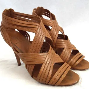 Tory Burch Liv Cage Gladiator Strappy Tan Open Toe Heels w/Zipper Closure Sz 9.5