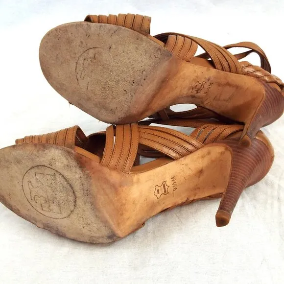 Tory Burch Liv Cage Gladiator Strappy Tan Open Toe Heels w/Zipper Closure Sz 9.5