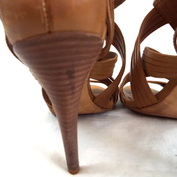 Tory Burch Liv Cage Gladiator Strappy Tan Open Toe Heels w/Zipper Closure Sz 9.5