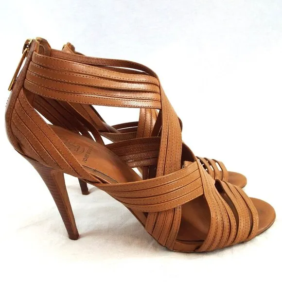 Tory Burch Liv Cage Gladiator Strappy Tan Open Toe Heels w/Zipper Closure Sz 9.5