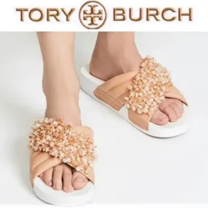 Tory Burch Logan Embellished Slide Sandal in Nude  sz 7 350$