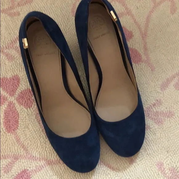 Tory Burch navy blue suede block heels