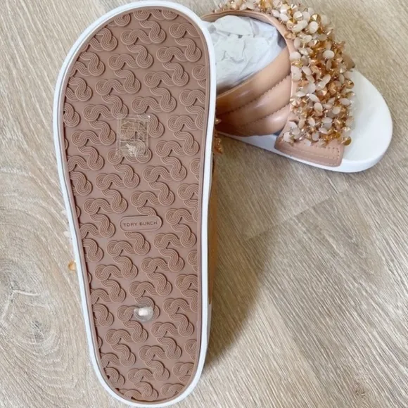 Tory Burch NEW Logan embellished slides sandals natural vachetta rose leather