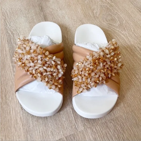 Tory Burch NEW Logan embellished slides sandals natural vachetta rose leather