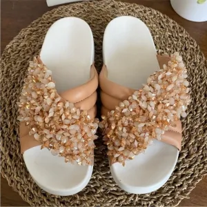 Tory Burch NEW Logan embellished slides sandals natural vachetta rose leather