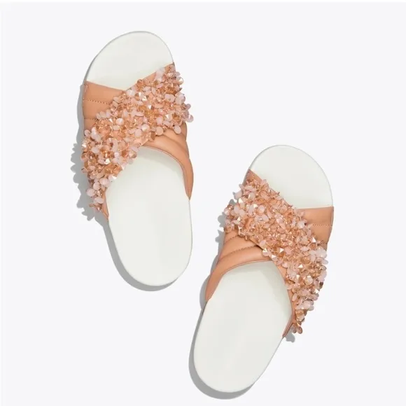 Tory Burch NEW Logan embellished slides sandals natural vachetta rose leather
