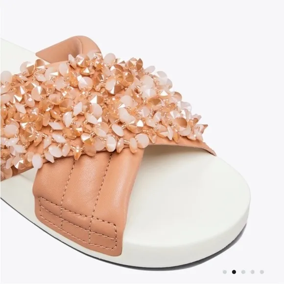 Tory Burch NEW Logan embellished slides sandals natural vachetta rose leather