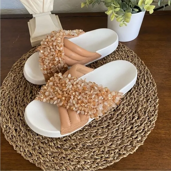 Tory Burch NEW Logan embellished slides sandals natural vachetta rose leather