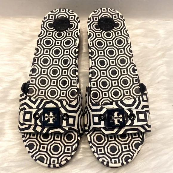 Tory Burch Noah Navy Leather Slides Size 7 1/2