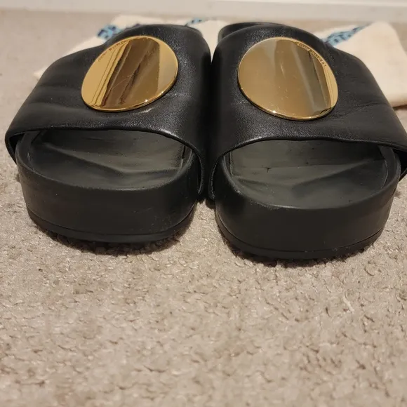 Tory Burch Patos Platform Sandals Slides Black Gold Size 8