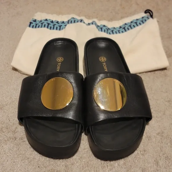 Tory Burch Patos Platform Sandals Slides Black Gold Size 8