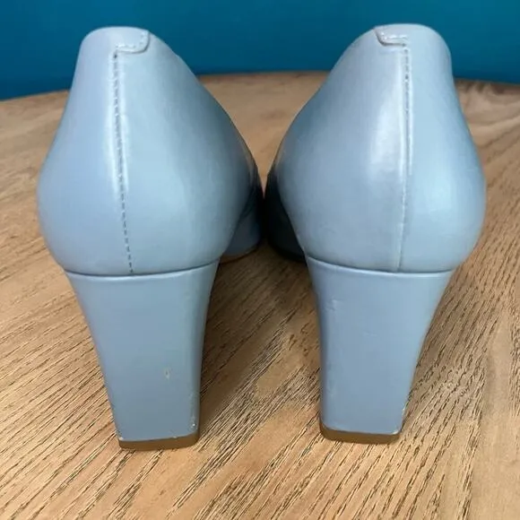 Tory Burch Raleigh Leather Pumps Block Heel 70MM Silver Baby Blue Women’s 7.5