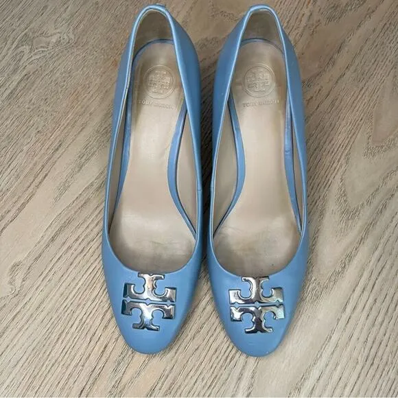 Tory Burch Raleigh Leather Pumps Block Heel 70MM Silver Baby Blue Women’s 7.5