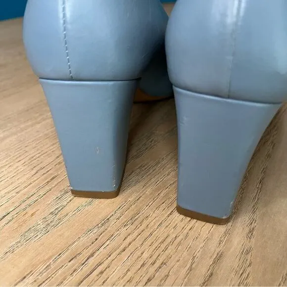Tory Burch Raleigh Leather Pumps Block Heel 70MM Silver Baby Blue Women’s 7.5