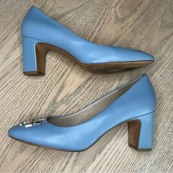 Tory Burch Raleigh Leather Pumps Block Heel 70MM Silver Baby Blue Women’s 7.5