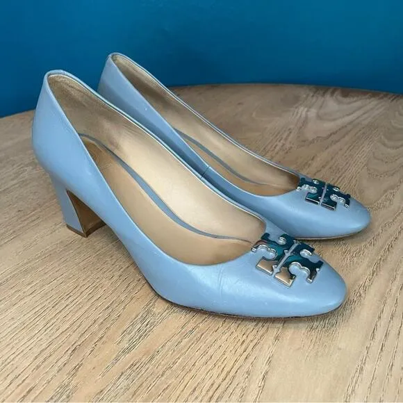 Tory Burch Raleigh Leather Pumps Block Heel 70MM Silver Baby Blue Women’s 7.5