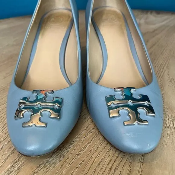 Tory Burch Raleigh Leather Pumps Block Heel 70MM Silver Baby Blue Women’s 7.5