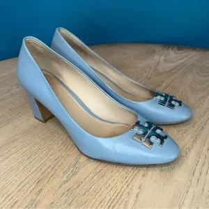 Tory Burch Raleigh Leather Pumps Block Heel 70MM Silver Baby Blue Women’s 7.5