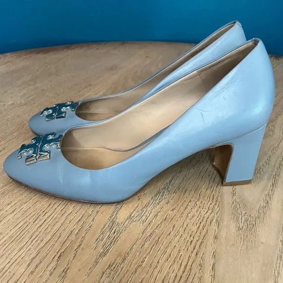 Tory Burch Raleigh Leather Pumps Block Heel 70MM Silver Baby Blue Women’s 7.5