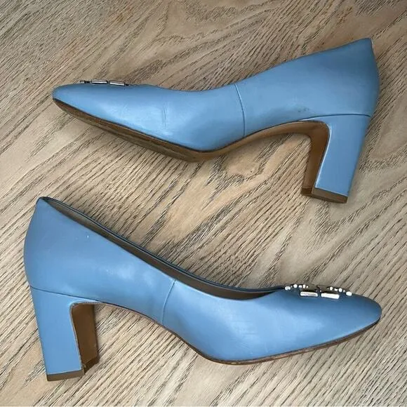 Tory Burch Raleigh Leather Pumps Block Heel 70MM Silver Baby Blue Women’s 7.5