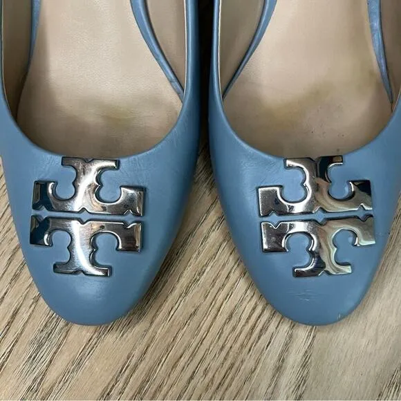 Tory Burch Raleigh Leather Pumps Block Heel 70MM Silver Baby Blue Women’s 7.5