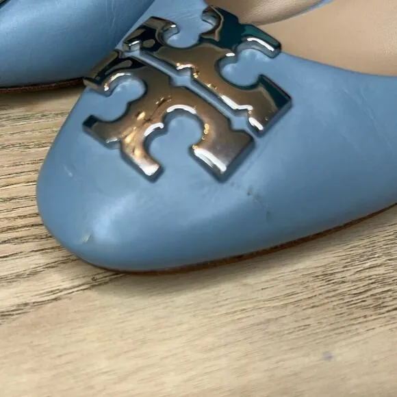 Tory Burch Raleigh Leather Pumps Block Heel 70MM Silver Baby Blue Women’s 7.5