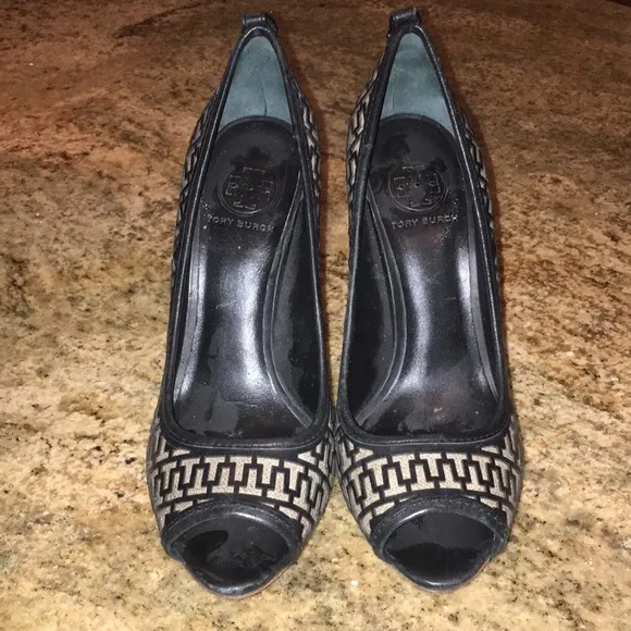 Tory Burch Reagan Heels Open Toe Stilettos Black/Cream - Size 9