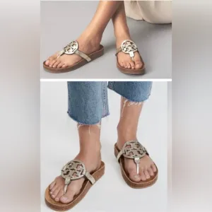 Tory Burch Sandals 9.5 Gold Miller Cloud Logo Casual Slides Spark Metallic