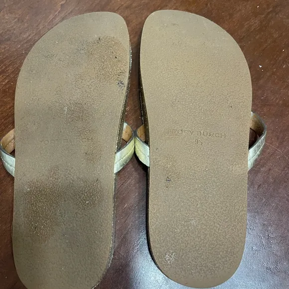 Tory Burch Sandals 9.5 Gold Miller Cloud Logo Casual Slides Spark Metallic