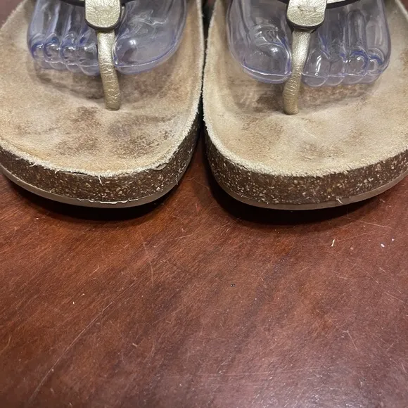 Tory Burch Sandals 9.5 Gold Miller Cloud Logo Casual Slides Spark Metallic