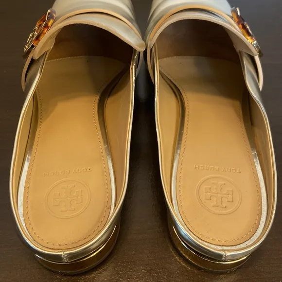 Tory Burch Sidney Silver Metallic Leather Slides Loafers Size 8