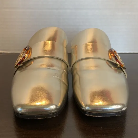Tory Burch Sidney Silver Metallic Leather Slides Loafers Size 8