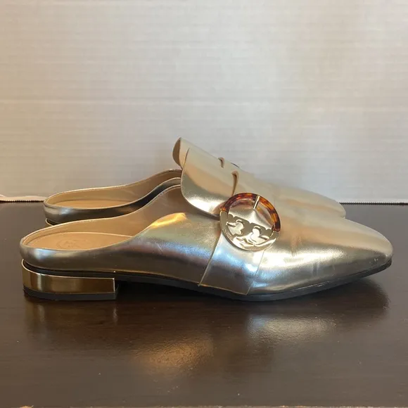 Tory Burch Sidney Silver Metallic Leather Slides Loafers Size 8