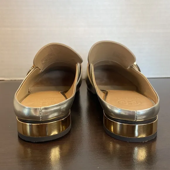 Tory Burch Sidney Silver Metallic Leather Slides Loafers Size 8