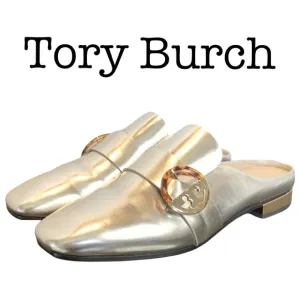 Tory Burch Sidney Silver Metallic Leather Slides Loafers Size 8
