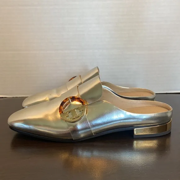Tory Burch Sidney Silver Metallic Leather Slides Loafers Size 8
