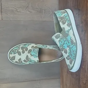 Tory Burch Sneakers Women's sz 6 Green/Cream Floral Slip On Canvas Sneaker